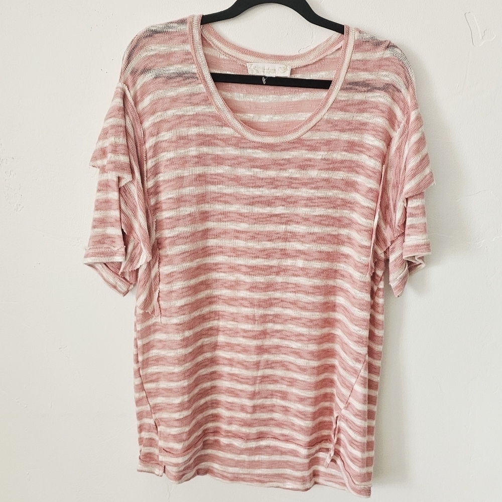 Weekend Suzanne Betro Striped Sheer Scoop Neck Short Sleeves Women Blouse Size M
